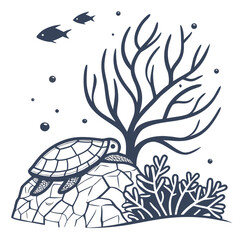 Turtle sitting on a rock near seaweed © NAHID 