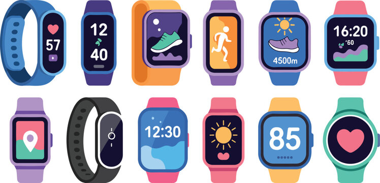 Activity tracker vector set with smart fitness band featuring heart rate monitor step counter and sport wrist watch application