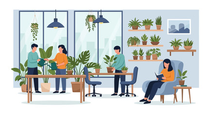 Fototapeta premium People Enjoying Indoor Gardening and Houseplant Care in a Modern Interior