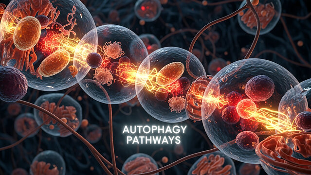 The cellular process of autophagy pathways shows glowing vesicles fusing with organelles in a microscopic view of a biological sample.