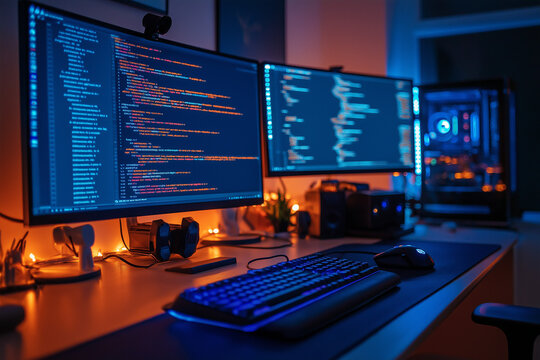 An image shows a programmer&rsquo;s desk with multiple monitors displaying code. Describe the tools, programming environment, and productivity techniques visible