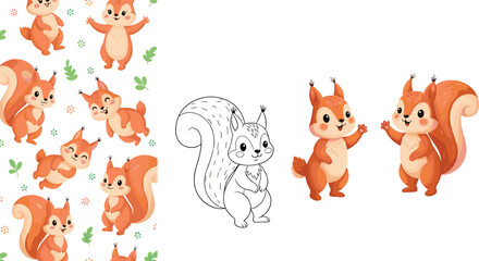 Naklejka premium Cute Squirrel Cartoon Character Set with Multiple Poses Seamless Pattern and Outline Sketch Adorable Forest Animal Vector Collection for Kids Design