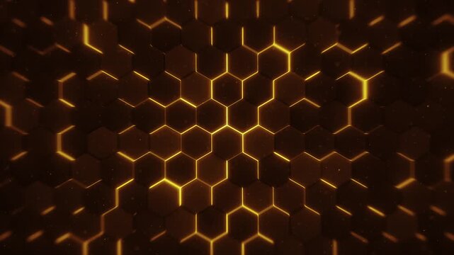 Gold Network Shining Honey Beehive Hexagons Background
Abstract background with golden shining 3d extruded hexagons symbolizing honey and beehive and offset motion with soft light and depth of field b