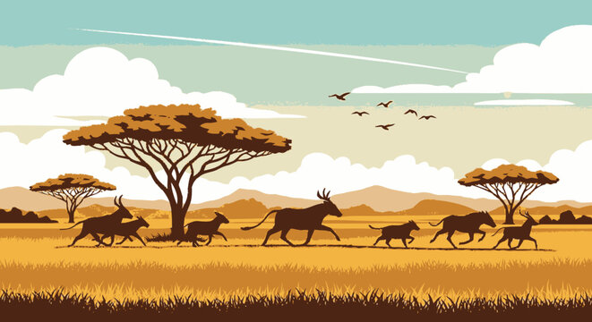 Herd of Antelopes Running Across African Savannah.