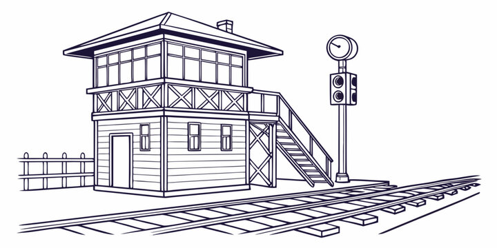 A small wooden train station with a clock tower