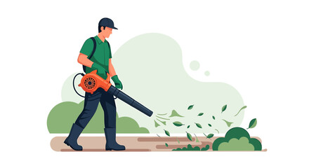 Naklejka premium Gardener using a leaf blower to clear debris from a path.