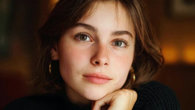 A gentle close-up portrait of a young woman with freckles and hazel eyes, looking directly at the camera with a soft smile.