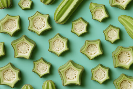 Cross-sections of okra pods showing their natural pentagonal and hexagonal shapes. Arranged in a repetitive, wallpaper-like grid on a soft pastel background