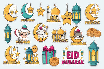 Naklejka premium Eid Mubarak festival decorations with moon, stars, lanterns, and gifts