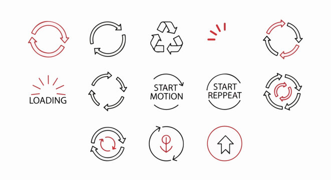Collection of circular arrow icons representing refresh, repeat, loading, and start actions