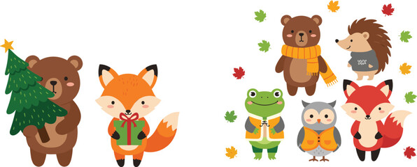 Obraz premium Kawaii Woodland Animals Set with Fox, Bear, Owl, Frog, and Hedgehog in Fall Clothing and Seasonal Decor