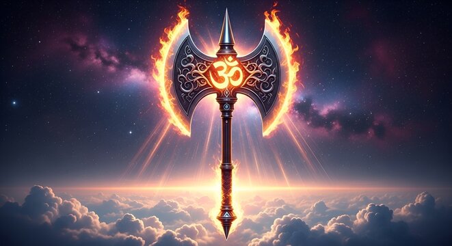 Divine flaming sacred axe with om symbol rising through cosmic clouds during parshuram jayanti celebration hindu mythology spiritual animated motion background video footage