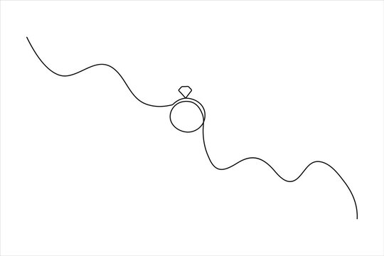 Continuous one-line drawing of a diamond engagement ring with diagonal wavy strokes&mdash;minimalist jewelry icon for bridal branding and wedding design.