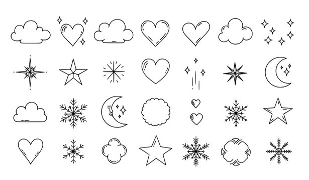 Playful decorative doodle set with hearts clouds stars snowflakes crescent hand drawn black white vector