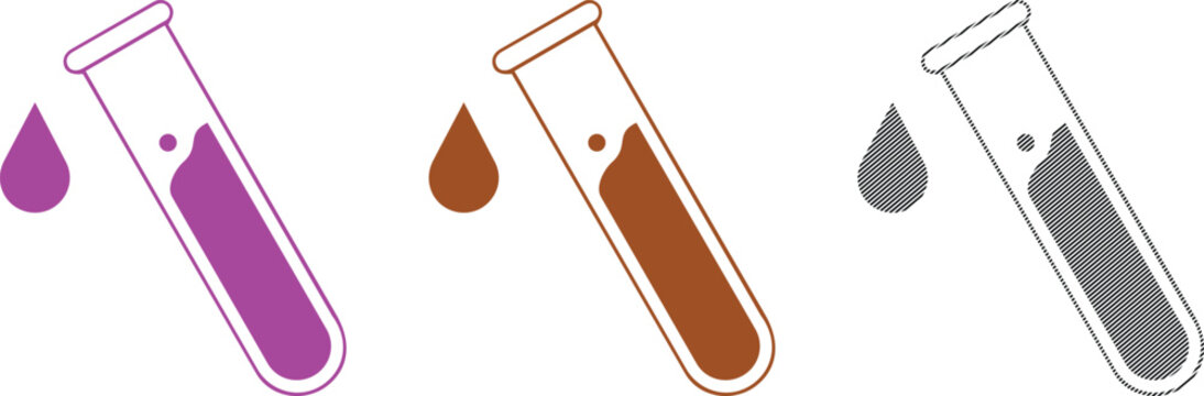 Vector laboratory test tubes with droplets of purple and brown liquid with test tube