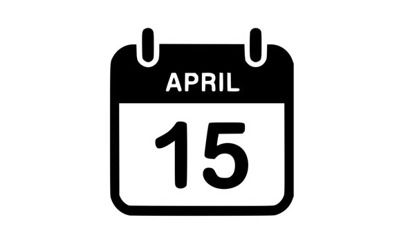 April 15 calendar icon in bold black and white design for tax day, deadline, event reminder, appointment scheduling, and important date announcement concepts