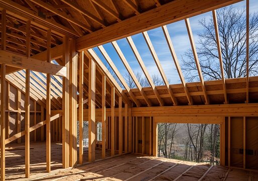 Construction workers building a wooden house with exposed beams and roof trusses under a blue sky with trees visible through the window on a sunny day with a view of landscape