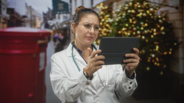 Woman doctor holding a tablet and stethoscope on a busy street by a red postbox and lit christmas tree; telemedicine concern.