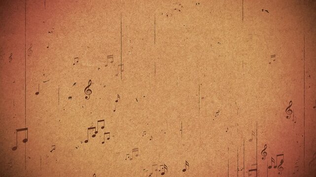 musical notes flying on old paper grunge animation, brown vintage music play notas and song social media motion background
