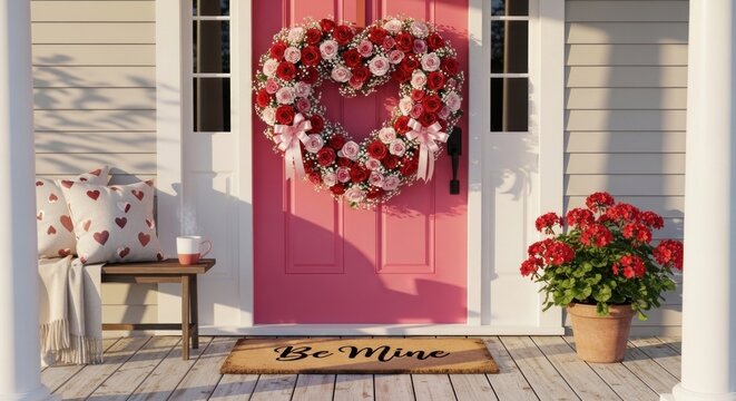 A pink door with a heart-shaped wreath and a potted plant on a porch with a doormat that says 'Be Mine'