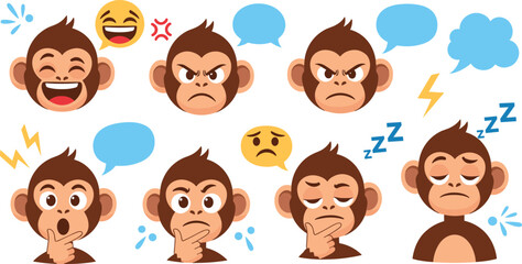 Cute cartoon monkey vector illustration set with multiple facial expressions and emotions, including happy, angry, thoughtful, sleepy, and surprised, perfect for stickers and apps © MD SOJIB 