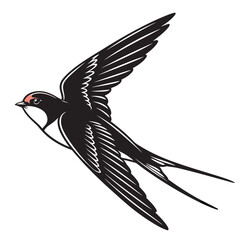 Obraz premium Black silhouette of a flying swallow bird with spread wings, elegant minimal wildlife illustration.