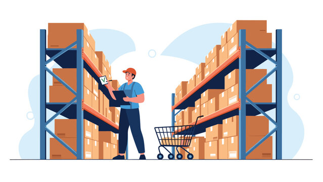 Diligent warehouse worker with a clipboard and shopping cart meticulously checks inventory on tall shelves filled with numerous boxes.