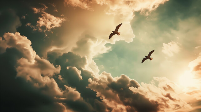 aves volando en el cielo con nubes