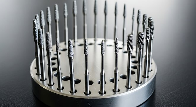 A set of metal drill bits arranged in a circular holder on a dark surface