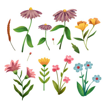 vector Folk Art Fairy Garden Watercolor Floral Clipart Set