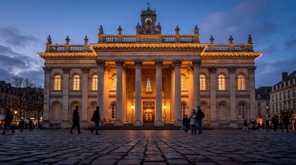 Obraz premium ** Grand Neoclassical Building at Night in Place Stanislas Nancy France with Cobblestone Square