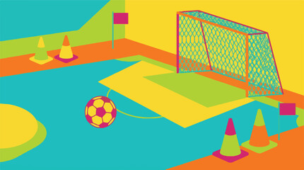 Modern abstract soccer field with goal, ball, and training cones in vibrant colors © StockStudio