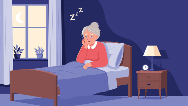 Elderly woman lies awake in bed at night, looking sad and unable to sleep, with Zzz symbols, symbolizing severe insomnia and anxiety.