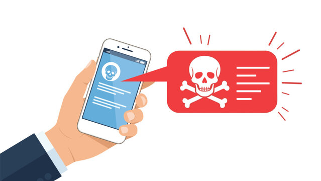 Close up of a hand holding a mobile smartphone with a red skull and crossbones virus alert notification on the screen.
