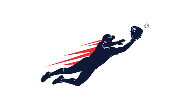 Dynamic silhouette illustration of a baseball player diving to catch a ball, embodying athleticism, speed, and competitive spirit in sports.