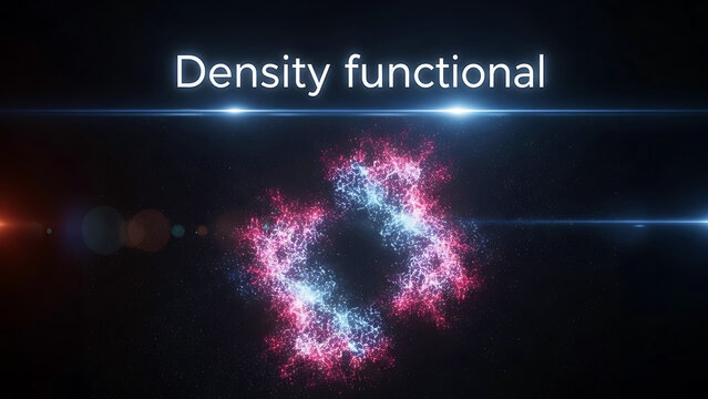 Science technology concept of density functional theory with glowing particles forming a circle on a dark background with blue lines and lights