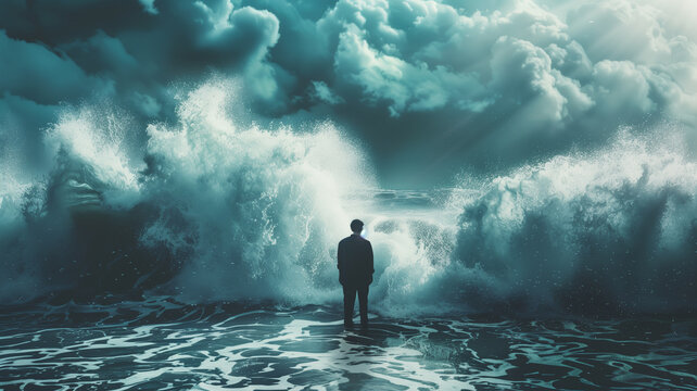 Persona sobre la superficie del mar y olas amenazantes