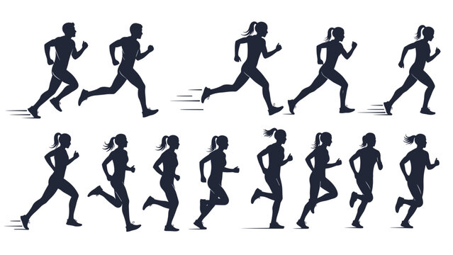 Collection of male and female runner silhouettes in various dynamic poses, illustrating movement, speed, and fitness for sports and exercise.