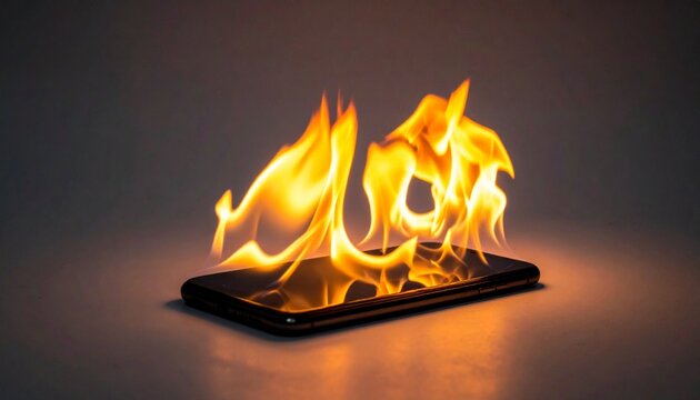 炎に包まれるスマートフォン/発火するリチウムイオン電池のイメージ