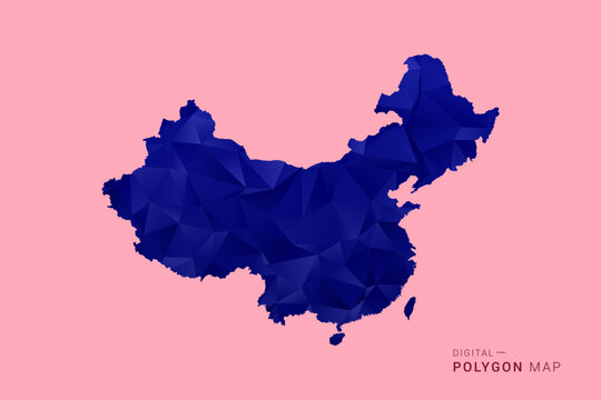 China Map - Low poly polygon map in deep blue gradient on soft pink pastel background, modern minimal geometric design, clean digital vector illustration.