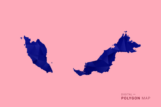 Malaysia Map - Low poly polygon map in deep blue gradient on soft pink pastel background, modern minimal geometric design, clean digital vector illustration.