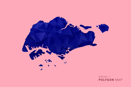 Singapore Map - Low poly polygon map in deep blue gradient on soft pink pastel background, modern minimal geometric design, clean digital vector illustration.
