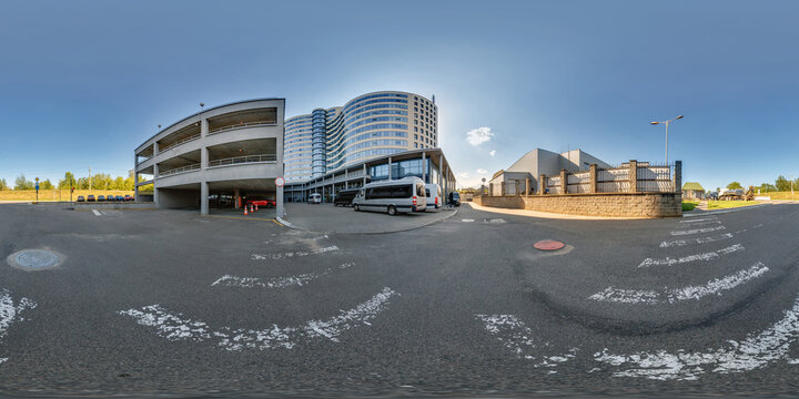 full seamless spherical hdr 360 panorama on crossroads street near multistory building area of urban development in sunny day in equirectangular projection, AR VR content
