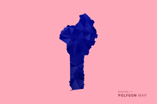 Benin Map - Low poly polygon map in deep blue gradient on soft pink pastel background, modern minimal geometric design, clean digital vector illustration.