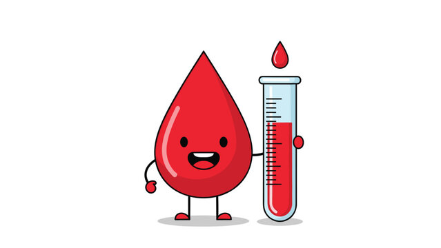 Friendly cartoon blood drop character happily holding a test tube filled with blood, symbolizing medical diagnostics, blood donation, or health analysis.