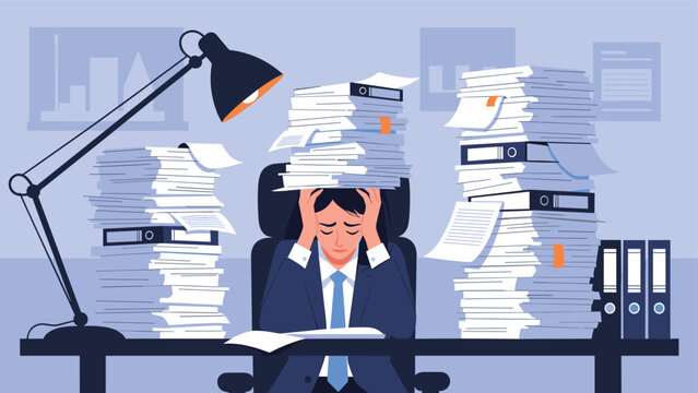 Overwhelmed businessman with his head in his hands, buried under immense stacks of paper and folders at his desk, symbolizing severe stress and burnout from excessive workload.