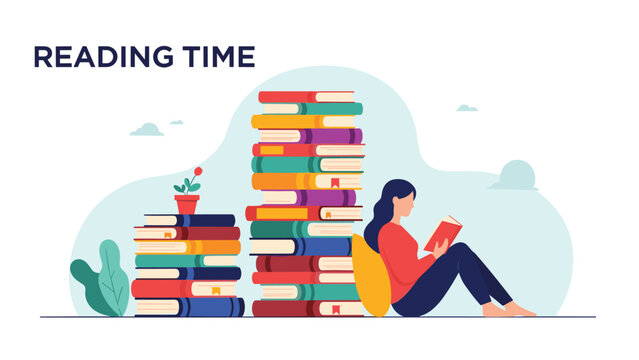 Serene woman quietly reading a book next to towering stacks of colorful books, with the text "READING TIME", symbolizing leisure, education, and knowledge acquisition.