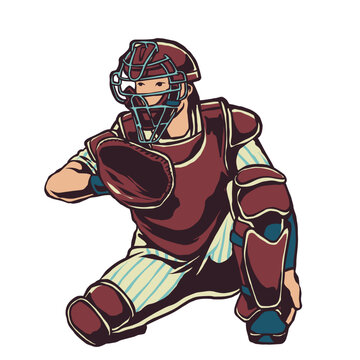 handdrawn vintage baseball catcher illustration