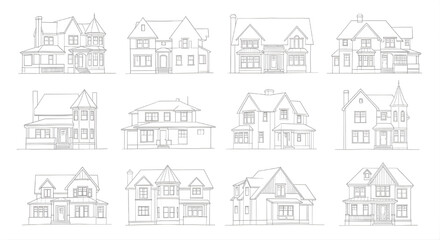 Obraz premium Hand Drawn House Sketch, Residential Architecture Silhouettes, Pencil Home Designs, Building Illustration Vector Set for Real Estate
