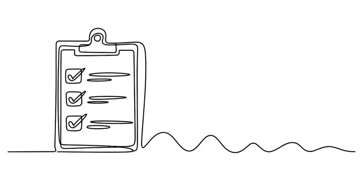 Continuous line drawing of a clipboard with a checklist and checkmarks on white background